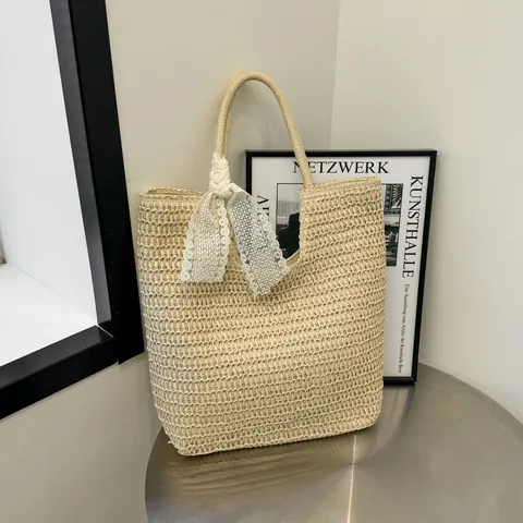 Damen Stroh Tragetasche Mit Großer Kapazität Und Spitzenbogenband Vintage Handgemachte Strandhandtasche Für Den Sommerurlaub