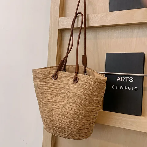 Damen Stroh Tragetasche Mit Großer Kapazität Und Kunstleder Schulterriemen Gewebte Sommer Strand Urlaub Schultertasche