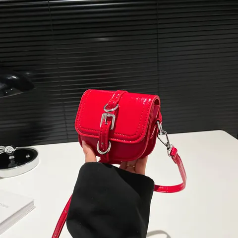 Women Mini PU Leather Crossbody Bag Fashion Solid Color Saddle Bag With Silver Metal Buckle Adjustable Shoulder Strap