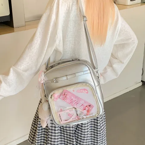 Japanese Kawaii Ita Bag Women PU Leather Clear PVC Window Backpack Display Bag For Anime Badges Large Capacity School Bag