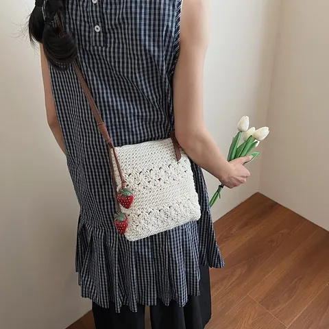 Women Handwoven Crochet Tote Bag With Strawberry Pendants Cotton Thread Hollow Floral Shoulder Crossbody Bag For Vacation Beach Daily Casual Bag
