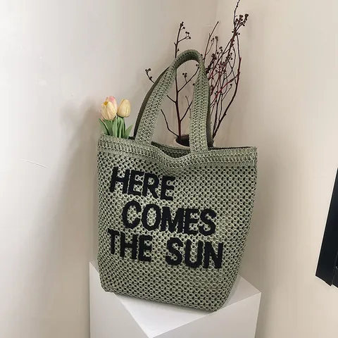 Große Kapazität Gewebte Stroh Tote Bag Mit Here Comes The Sun Buchstaben Stickerei Lässige Schultertasche Für Damen Strand