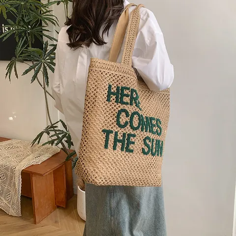 Große Kapazität Gewebte Stroh Tote Bag Mit Here Comes The Sun Buchstaben Stickerei Lässige Schultertasche Für Damen Strand