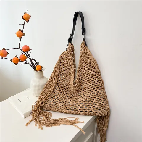 Bolso de Hombro de Ganchillo Calado Retro para Mujer con Borlas Estilo Bohemio Gran Capacidad Bolso de Playa Regalo