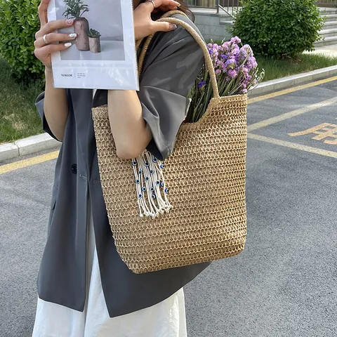 Women Large Capacity Straw Woven Tote Bag Bohemian Beach Holiday Handbag With Evil Eye Tassel Shopping Shoulder Bag