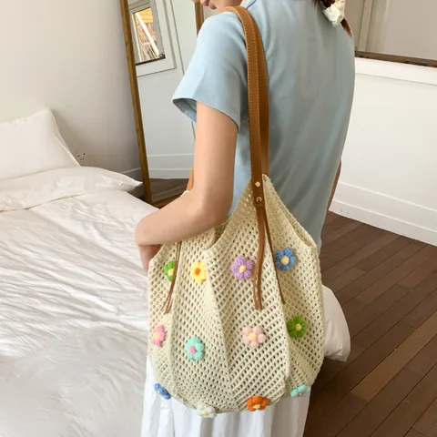 Handgehäkelte Blumige Tragetasche Große Kapazität Hohle Strick Schultertasche Für Damen Sommer Strand Casual Handtasche