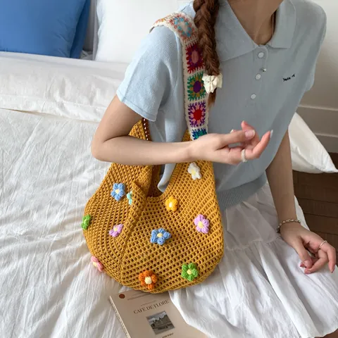 Damen Häkeln Shopper Tasche Große Kapazität Blumig Gewebte Strandtasche Mit Buntem Verstellbarem Breitband Schultertasche Urlaub
