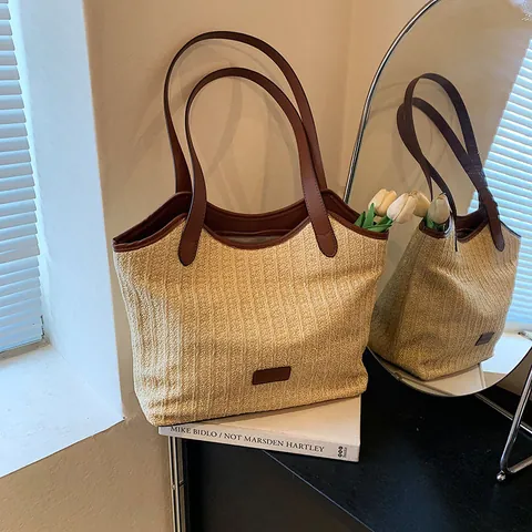 Damen Gewebte Stroh Tragetasche Mit Lederbesatz Große Kapazität Sommer Strand Schultertasche Casual Retro Pendler Handtasche