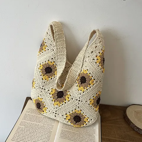 Handmade Crochet Sunflower Tote Bag Women Vintage Hollow Knit Shoulder Bag Summer Beach Casual Bohemian Cotton Handbag