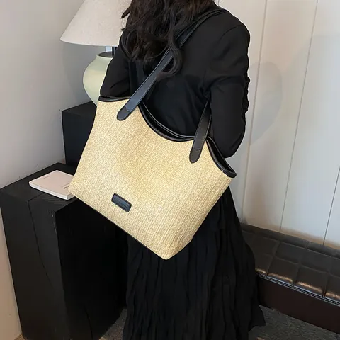 Damen Gewebte Stroh Tragetasche Mit Lederbesatz Große Kapazität Sommer Strand Schultertasche Casual Retro Pendler Handtasche
