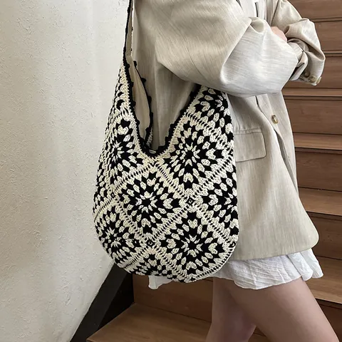 Handmade Crochet Sunflower Tote Bag Women Vintage Hollow Knit Shoulder Bag Summer Beach Casual Bohemian Cotton Handbag
