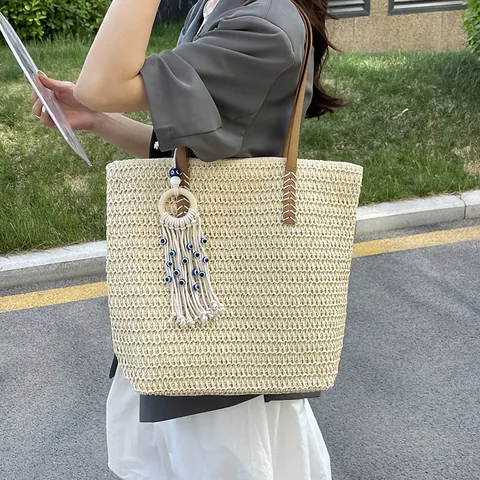 Große Kapazität Stroh Gewebt Tragetasche Für Damen Mode Bohemian Sommer Strand Umhängetasche Mit Böser Blick Quaste Anhänger