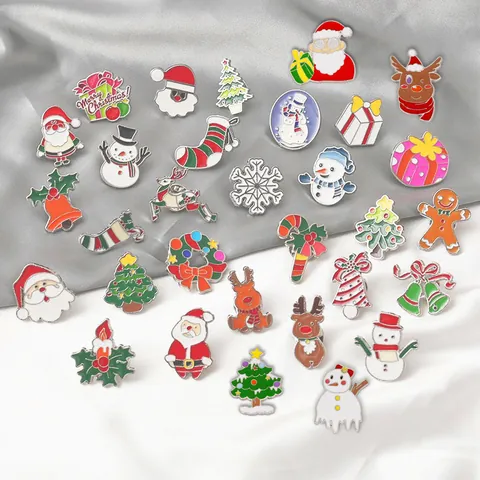 Cartoon Christmas Enamel Brooch Pin Set Santa Claus Snowman Reindeer Tree Zinc Alloy Drip Oil Lapel Badge Holiday Jewelry