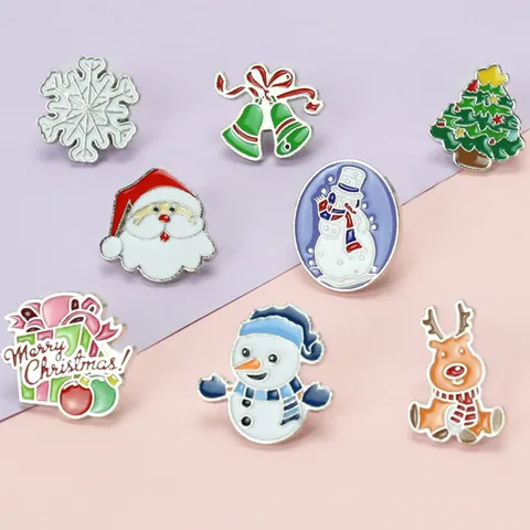 Cartoon Christmas Enamel Brooch Pin Set Santa Claus Snowman Reindeer Tree Zinc Alloy Drip Oil Lapel Badge Holiday Jewelry