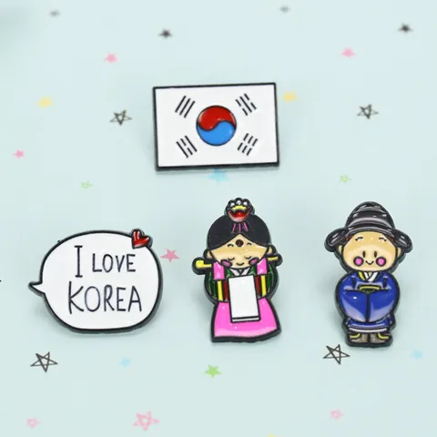 Kreative Cartoon Koreanische Emaille Brosche Pins Süße Hanbok Figur Südkorea Flagge I Love Korea Zinklegierung Reversnadeln Für Tasche