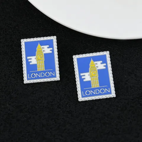 World Travel Landmarks Postage Stamp Enamel Pin Alloy Vintage Eiffel Tower Big Ben Pyramid Colosseum Brooch Jewelry Gift