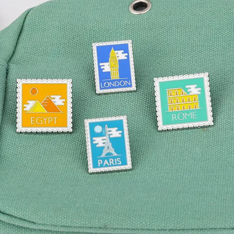World Travel Landmarks Postage Stamp Enamel Pin Alloy Vintage Eiffel Tower Big Ben Pyramid Colosseum Brooch Jewelry Gift