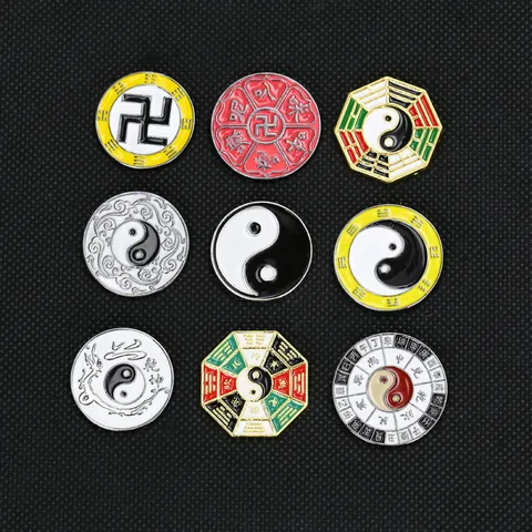 Vintage Chinesischer Stil Tai Chi Bagua Legierung Emaille Brosche Pin Yin Yang Oktogonal Rund Abzeichen Für Kleidung Rucksack Zubehör