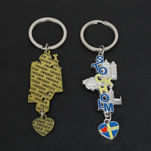 Zweden Stockholm Souvenir Metalen Sleutelhanger Zinklegering Hartvorm Zweden Vlag Hanger 3D Letter Gebouw Reis Herdenking Cadeau