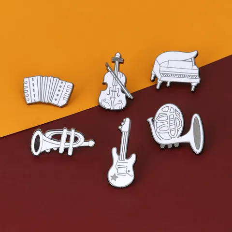 Cartoon Musical Instrument Enamel Pin Brooch Alloy White Piano Violin Guitar Trumpet French Horn Accordion Badges Backpack Clothes Decor Gift