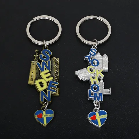 Zweden Stockholm Souvenir Metalen Sleutelhanger Zinklegering Hartvorm Zweden Vlag Hanger 3D Letter Gebouw Reis Herdenking Cadeau
