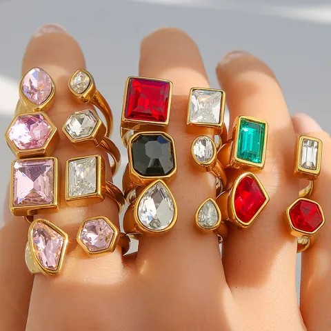 Anillo Ajustable Abierto de Acero Inoxidable de Moda Zirconia Colorida Geométrico Luna Estrella Corazón Concha Anillos para Mujer