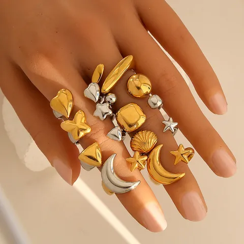 Anillo de Croissant Abierto de Acero Inoxidable 304 Minimalista para Mujer Oro Plata Bicolor Concha Estrella de Mar Corazón Anillo Ajustable