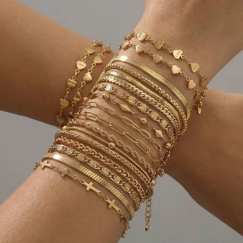 Juego de Pulseras Minimalistas de Acero Inoxidable Chapado en Oro de 18K para Mujer Pulsera de Cadena Ajustable con Corazón y Cruz Joyas de Moda