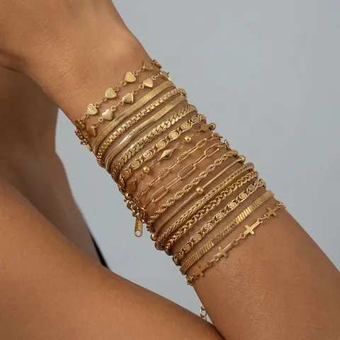 Juego de Pulseras Minimalistas de Acero Inoxidable Chapado en Oro de 18K para Mujer Pulsera de Cadena Ajustable con Corazón y Cruz Joyas de Moda