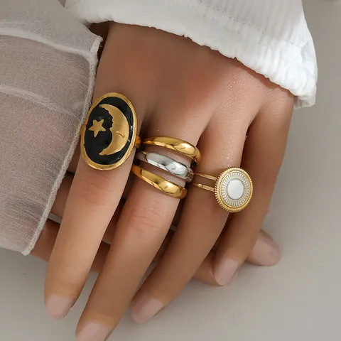 Anillos Abiertos de Acero Inoxidable Vintage Para Mujer Patrón Celestial Luna Estrella Esmalte Color Oro Plata Anillo Redondo Geométrico