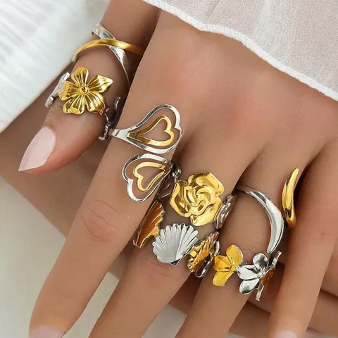 304 Stainless Steel Two-Tone Open Ring Gold Silver Heart Floral Shell Crescent Moon Adjustable Fashion Ring For Women
