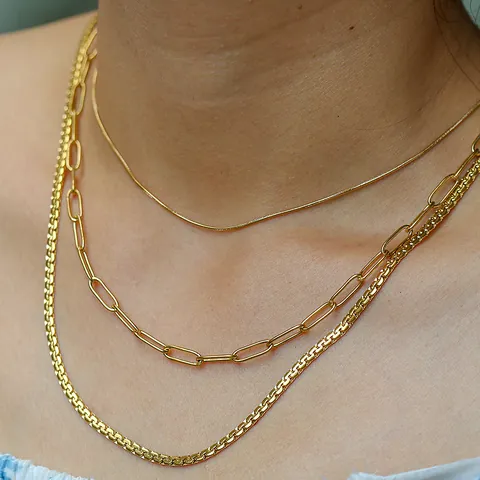 Conjunto de Collares de Tres Capas de Acero Inoxidable Chapado en Oro Con Cadena de Serpiente Clip y Caja para Mujer Joyería Minimalista