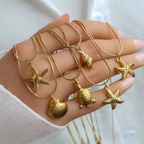 Collar con Colgante de Elemento de Océano de Acero Inoxidable Chapado en Oro Estrella de Mar Tortuga Joyería Mujer