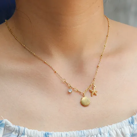 Exquisito Collar de Acero Inoxidable Chapado en Oro con Colgante de Concha Estrella de Mar Zirconia para Mujer Joyería Estilo Marino