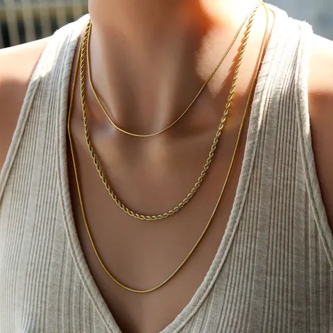 Collar de Capas Vintage de Acero Inoxidable Chapado en Oro 18K Para Mujer Con Cadenas de Serpiente y Cuerda Joyería de Estilo