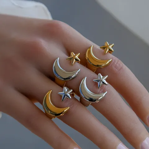 Anillo Abierto de Estrella y Luna de Acero Inoxidable 304 para Mujer Minimalista Ajustable Oro Plata Color de Contraste Joyería