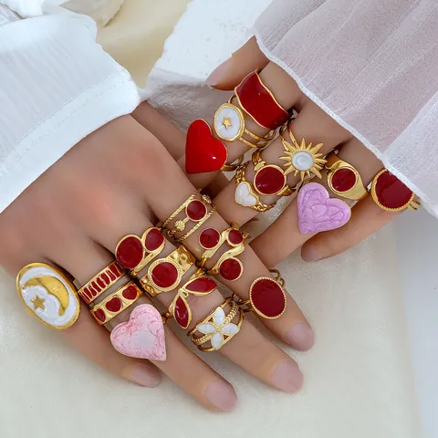 Anello Regolabile in Acciaio Inossidabile Smaltato per Donna Vintage Placcato Oro Cuore Sole Stella Luna Colorato Dito Anello Gioielli