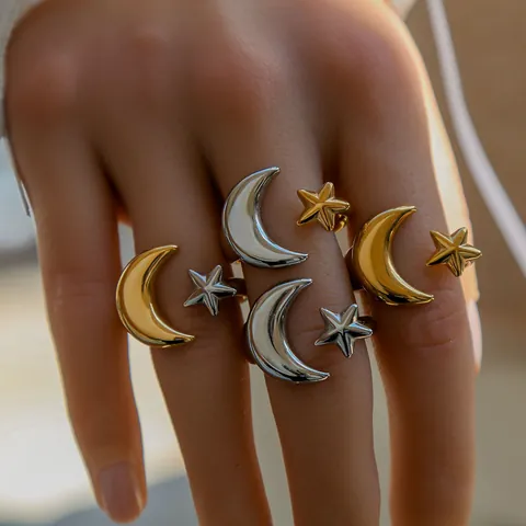 Anillo Abierto de Estrella y Luna de Acero Inoxidable 304 para Mujer Minimalista Ajustable Oro Plata Color de Contraste Joyería