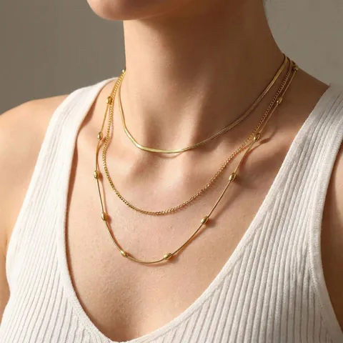 Collar de Cadena en Capas de Acero Inoxidable Minimalista Con Cuentas Doradas Para Mujer Joyería de Moda Fiesta Accesorio Diario