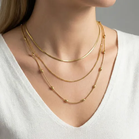 Collar de Cadena en Capas de Acero Inoxidable Minimalista Con Cuentas Doradas Para Mujer Joyería de Moda Fiesta Accesorio Diario