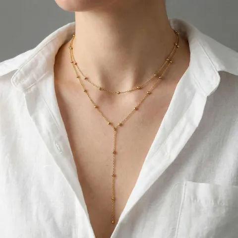 Collar en Y de Capas de Cuentas de Acero Inoxidable Minimalista Para Mujer Chapado en Oro Doble Cadena de Clavícula Joyería