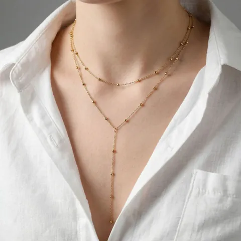 Collar en Y de Capas de Cuentas de Acero Inoxidable Minimalista Para Mujer Chapado en Oro Doble Cadena de Clavícula Joyería