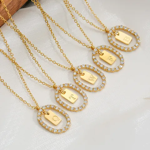 Collar de Colgante de Alfabeto de Acero Inoxidable Zirconia Para Mujeres Chapado en Oro Letra Oval Inicial A-Z Joyería Moda