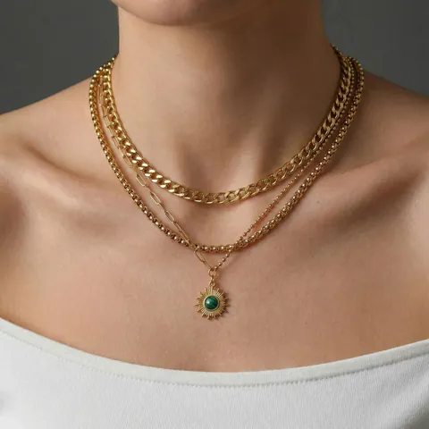 Collar de Capas de Acero Inoxidable 304 Chapado en Oro Con Colgante de Sol Hip Hop Punk Joyería de Malaquita Verde para Mujer