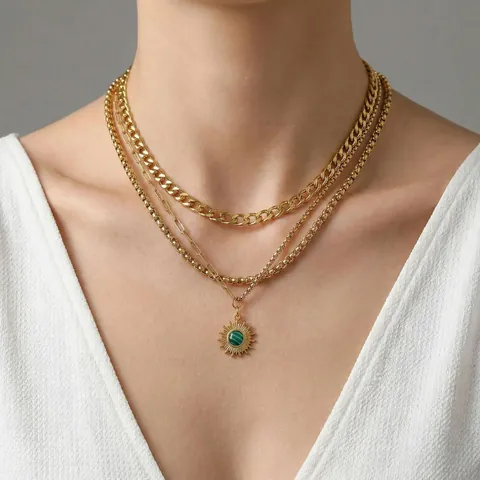 Collar de Capas de Acero Inoxidable 304 Chapado en Oro Con Colgante de Sol Hip Hop Punk Joyería de Malaquita Verde para Mujer