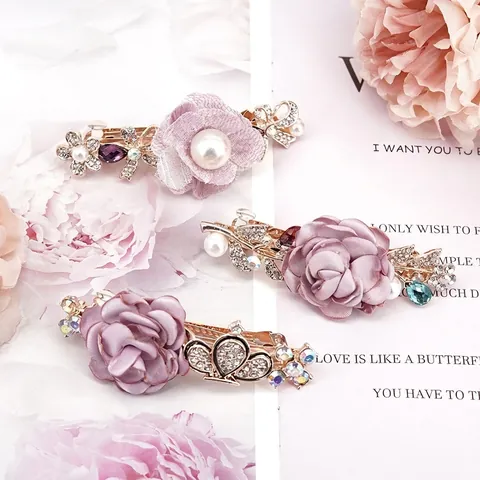 Elegante Pinza para el Cabello de Tela Hecha a Mano con Flores Strass Rosa Clip de Resorte Vintage Perla Artificial Accesorios