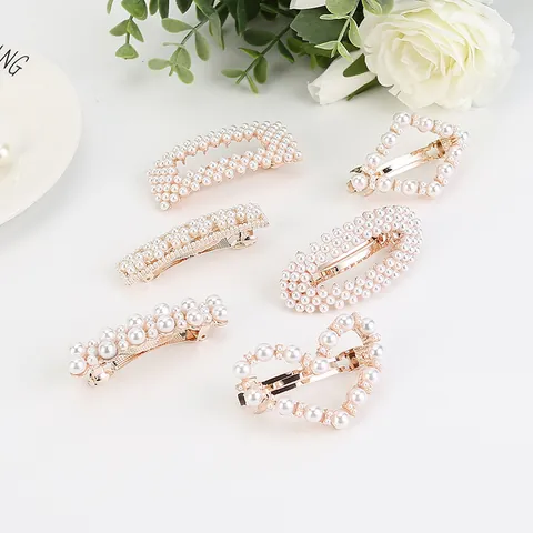 Korean Trendy Imitation Pearl Hair Clips For Women Alloy Rhinestone Floral Bow Heart Spring Clips Elegant Wedding Party Hairpins Jewelry