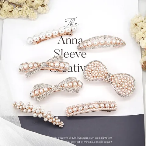 Korean Style Elegant Artificial Pearl Rhinestone Hair Clip For Women Bowknot Spring Clip Bridal Wedding Hair Accessory