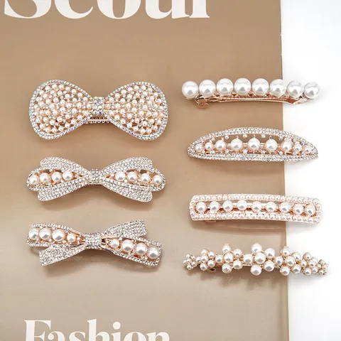 Korean Style Elegant Artificial Pearl Rhinestone Hair Clip For Women Bowknot Spring Clip Bridal Wedding Hair Accessory