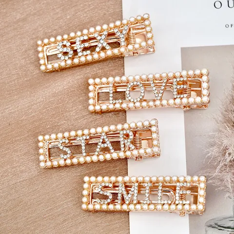 Glänzende Strass Künstliche Perle Buchstaben Haarklammern Legierung Vergoldet Entenschnabel Haarnadeln Seitenclips Mit NICE GOOD LOVE SMILE SEXY STAR GIRL HAPPY Für Damen